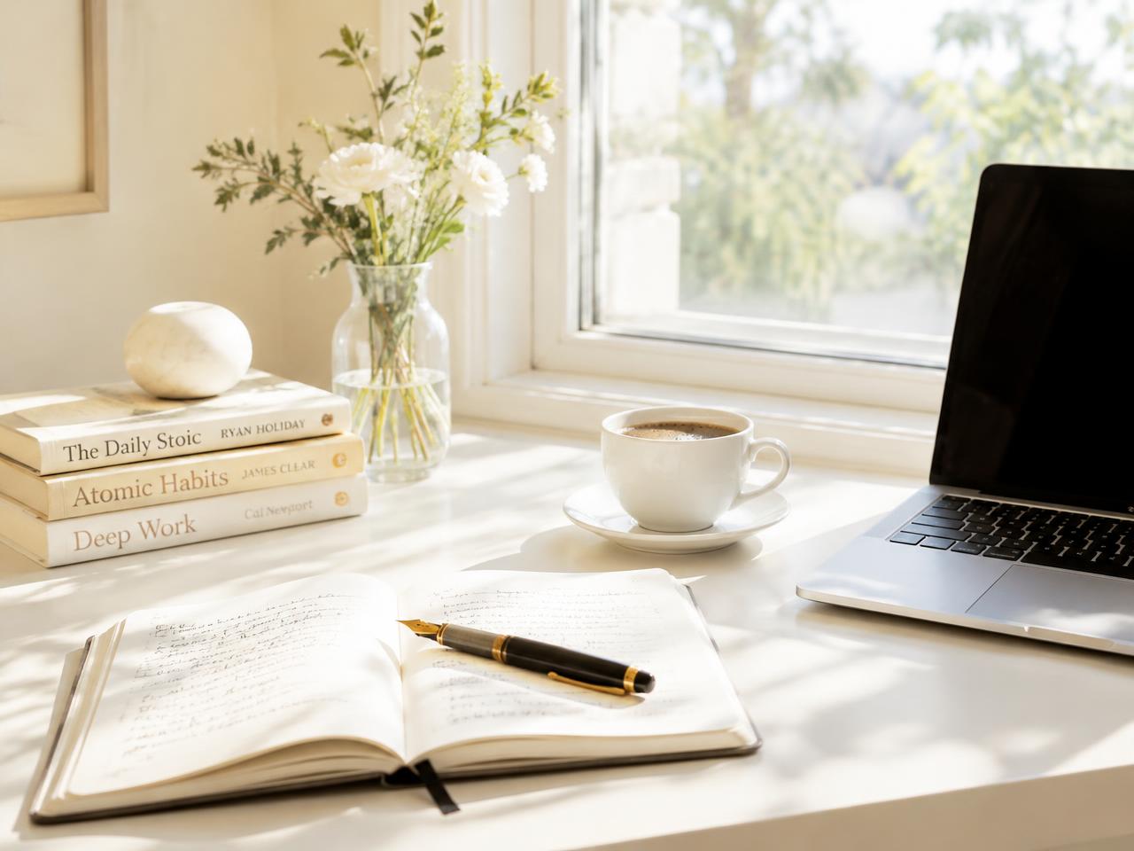 A bright writing desk with notebook and fountain pen